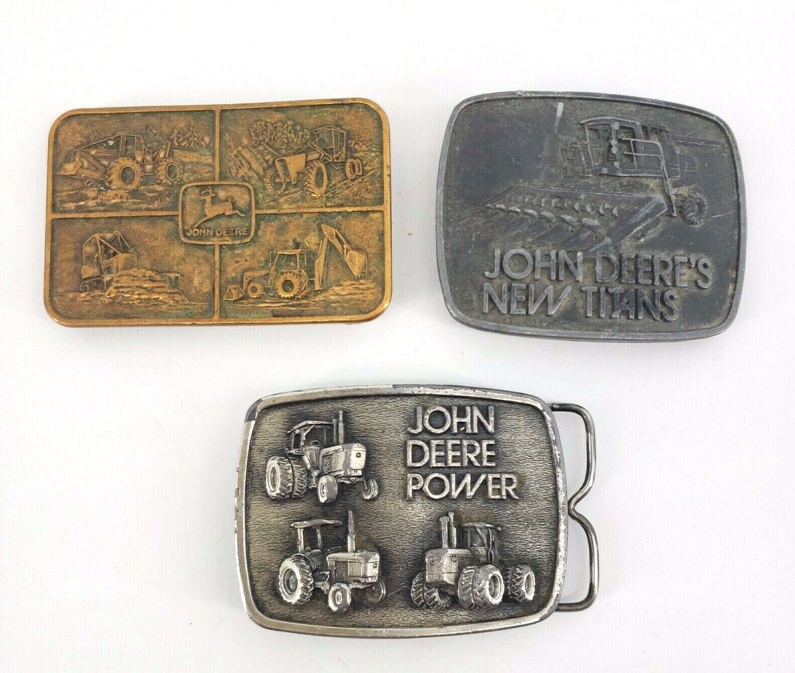 Lot Of 3 Vintage John Deere Belt Buckles 1978 1979 And Unknown Bronze Pewter
