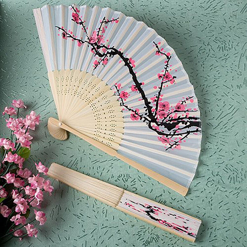 Chinese Folding Hand Fan Japanese Cherry Blossom Design Silk Costume Part Yubib