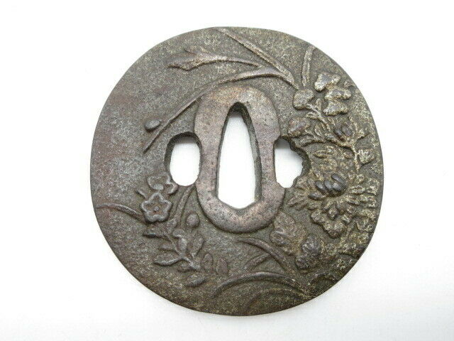 Japan Antique Flower And Glass Picture Tsuba Iron Made For Japanese Katana