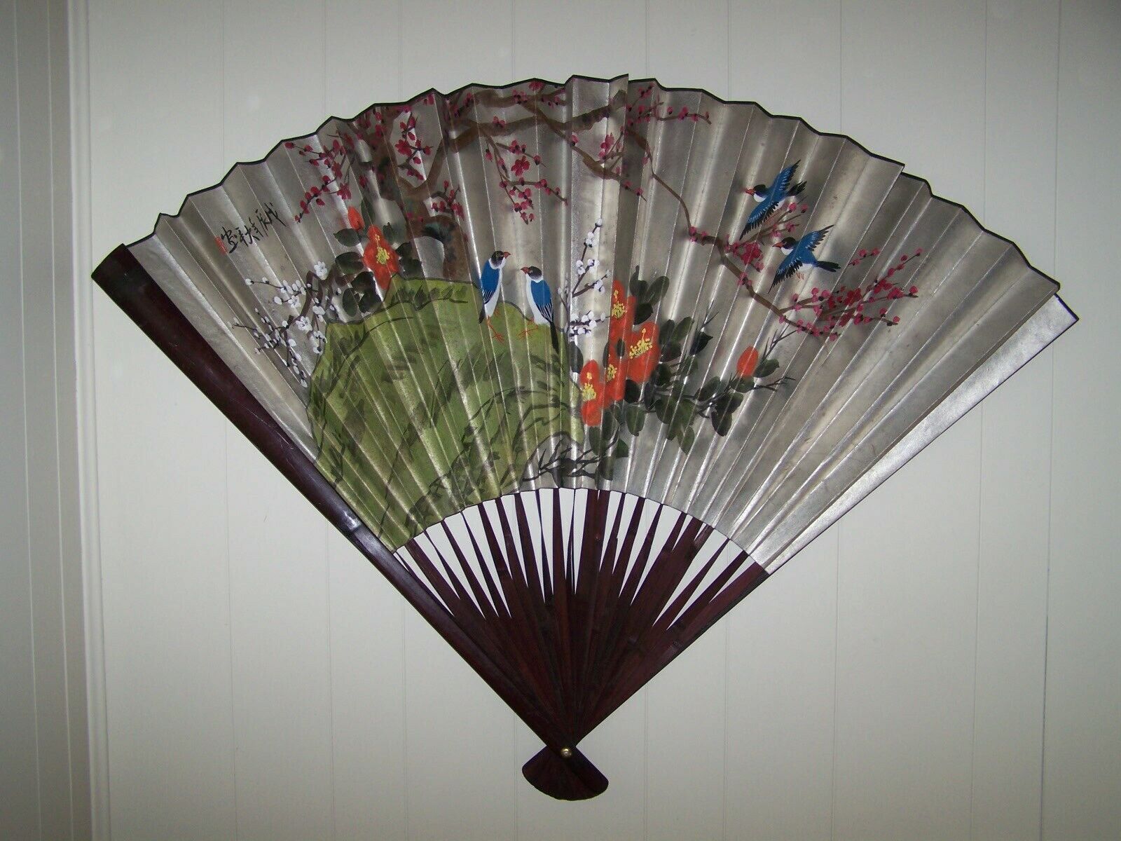 Lg Paper & Bamboo Wall Fan Oriental Chinese Japanese Hand Painted Birds Signed