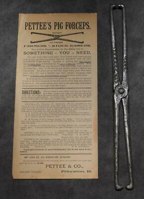 1878 Pettee's Pig Forceps Tool & Advertisement Paper - Farm/veterinary Birth Aid