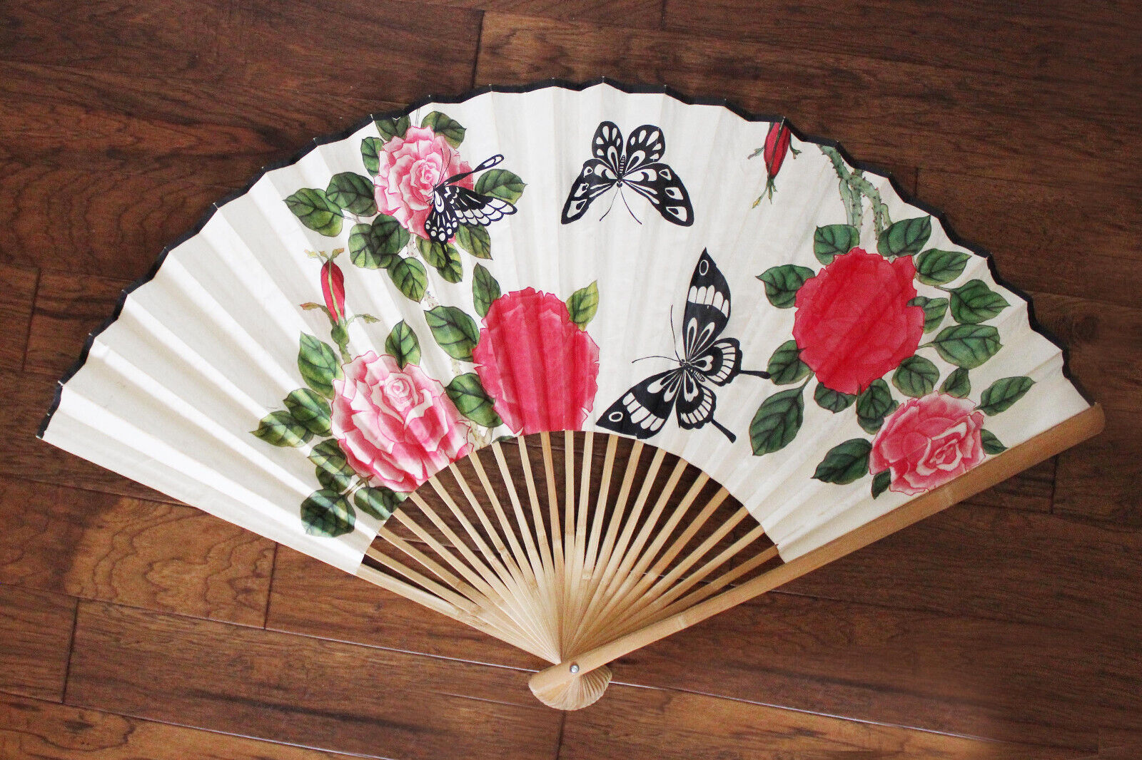 Vintage Large Oriental Hand Painted Fan Wall Decor - Mcm Large Fan Wall Hanging