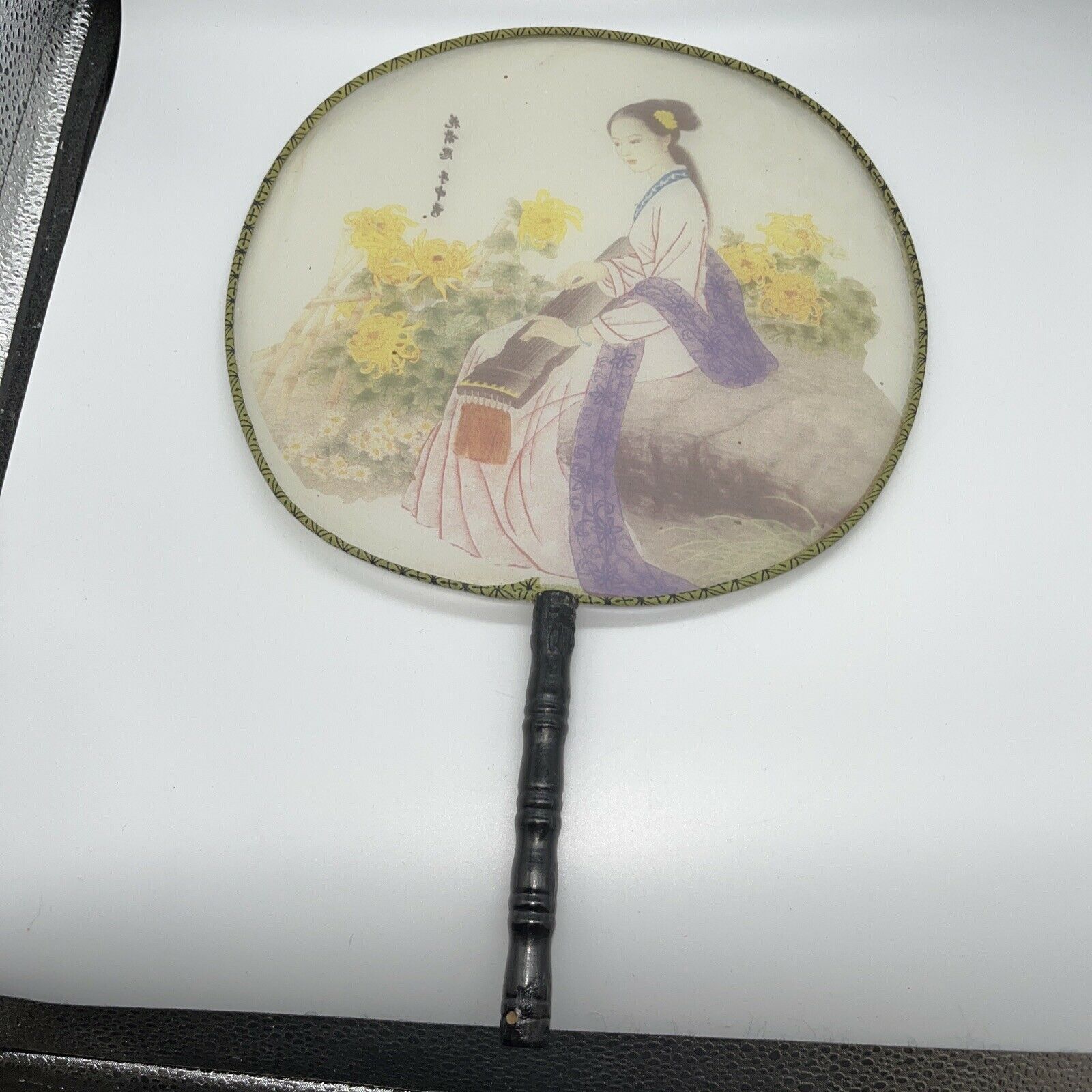 Vintage Chinese Round Silk Fan Hand Painted Geisha Girl With Fan Bamboo Handle