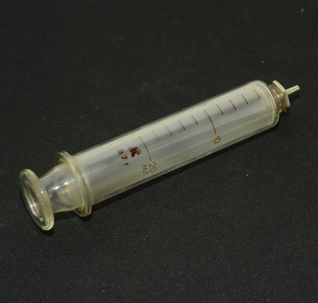 Vintage Veterinary Soviet Ussr Medical Reusable Hypodermic Glass Syringe 20 Ml