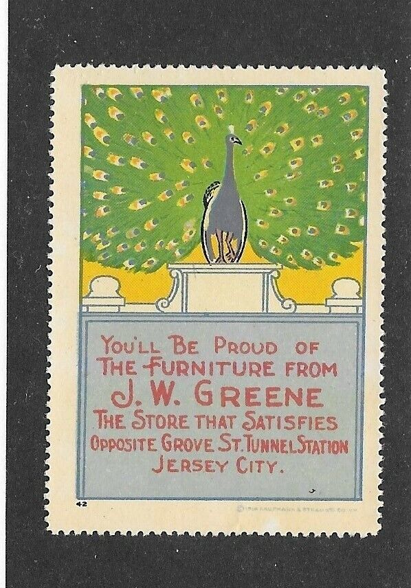 Vintag Poster Stamp Label Advertising Jw Greene Jersey City Nj Furniture Peacock