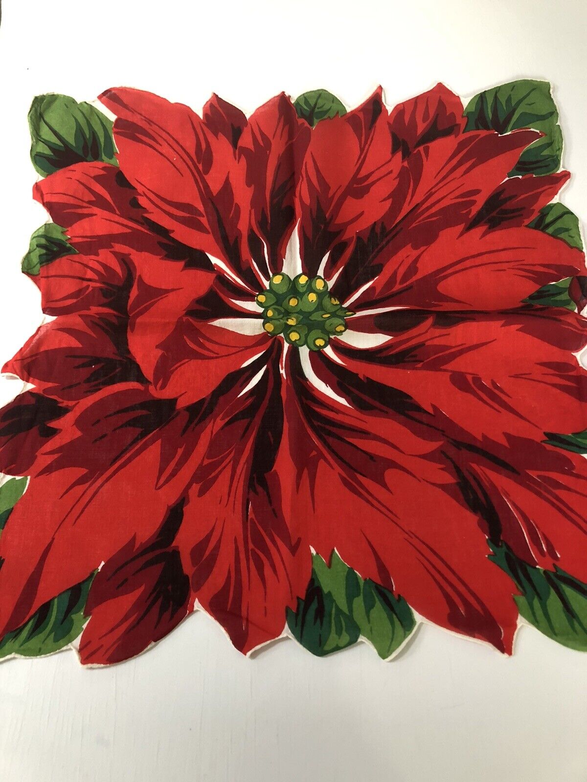 Vintage Hankie Handkerchief -  Flower Shaped Christmas Poinsettia 16"