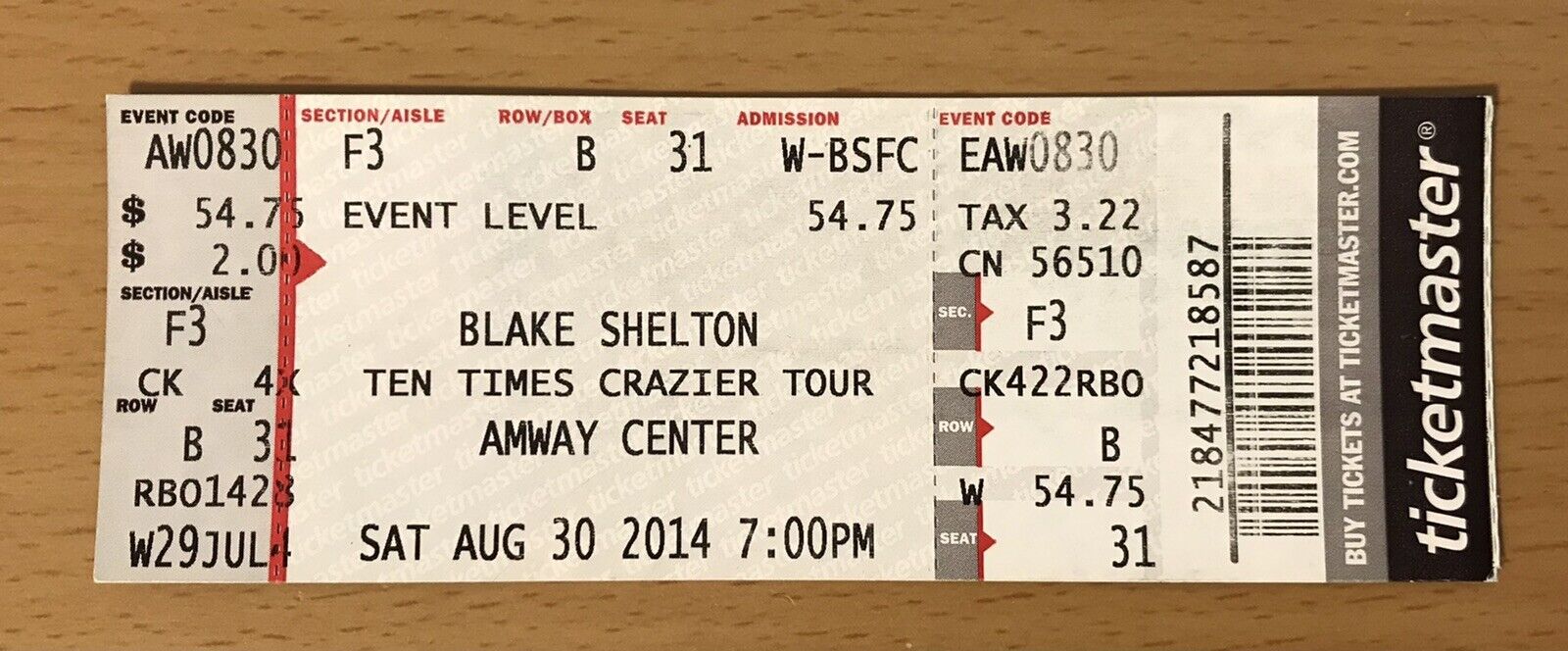 2014 Blake Shelton Ten Times Crazier Tour Orlando Concert Ticket Stub B31