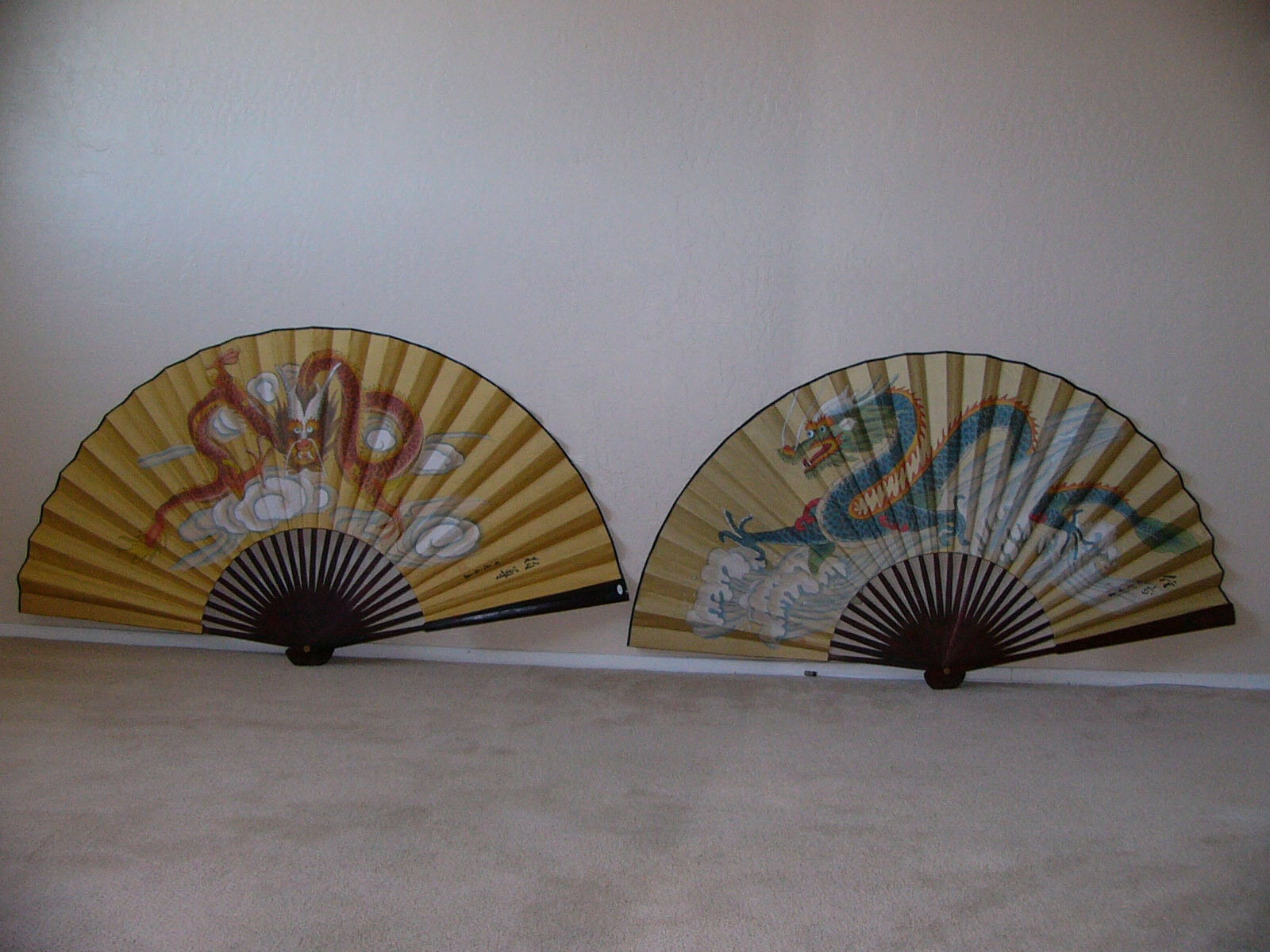 Two Large Vintage Hand Painted Chinese Wall Decor Dragon Fans Signed By Artists