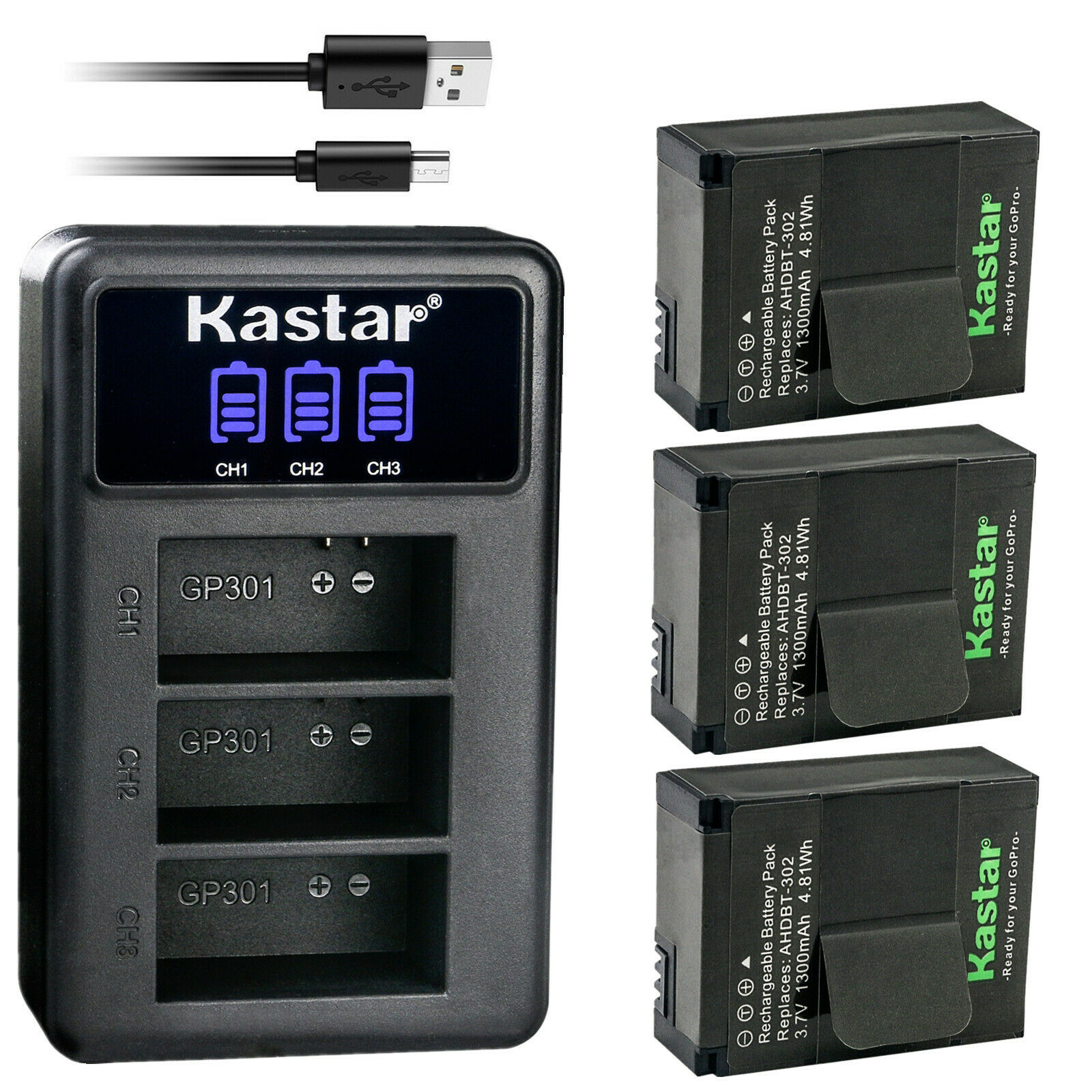 Kastar Ahdbt-302 301 Battery 3-pack + Triple Usb Charger For Gopro Hero3 Hero3+