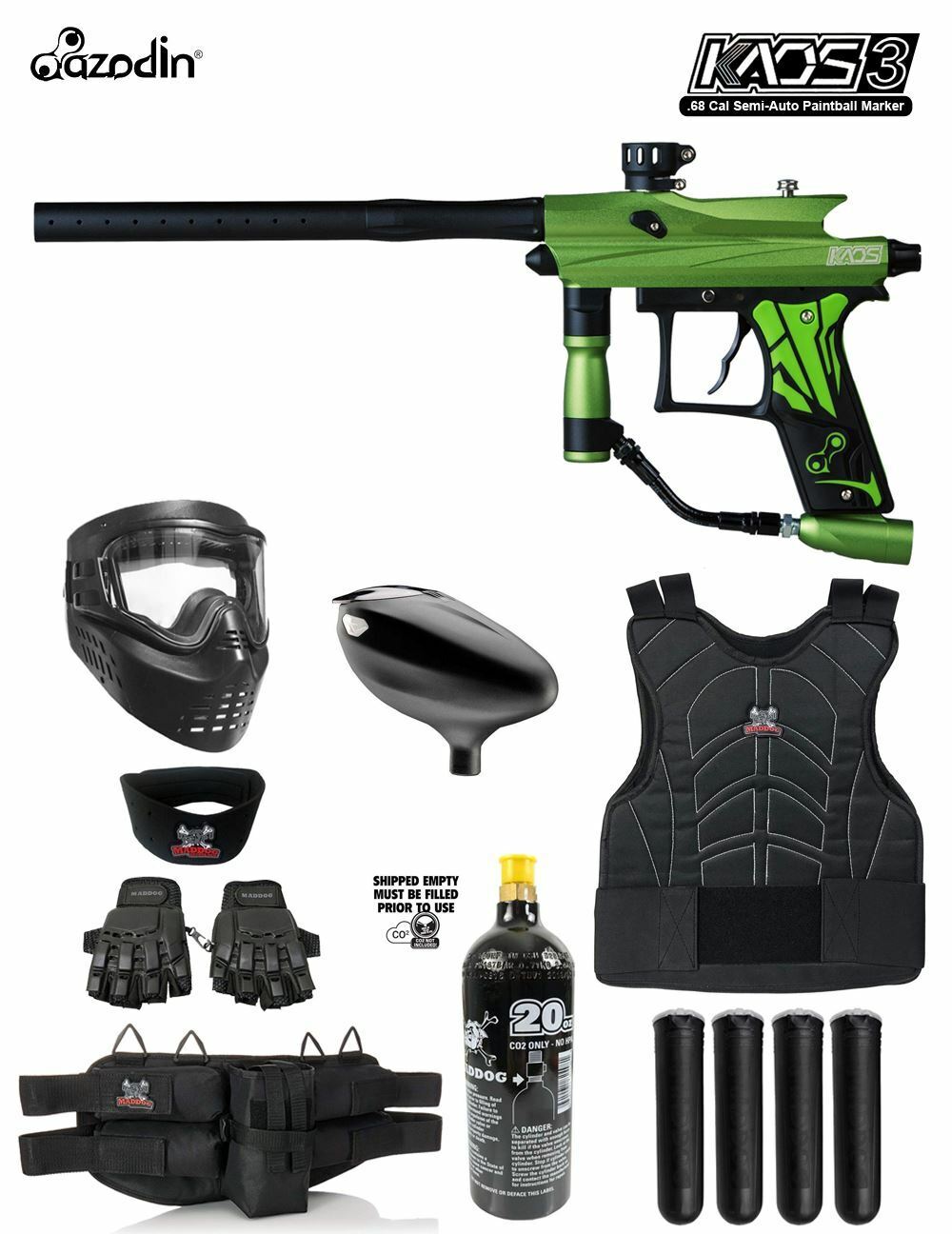 Maddog Azodin Kaos 3 Protective Co2 Paintball Gun Marker Starter Package Green