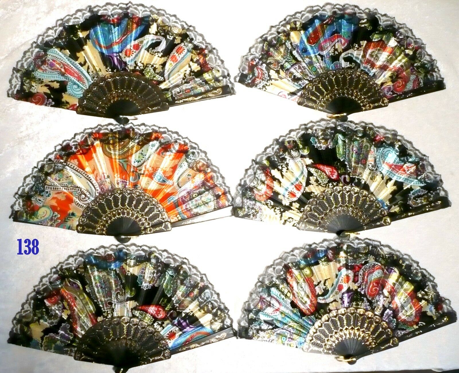 Lot Of 6 Paisley Lace Handing Fan Assorted Color Good Quality Folding Dance Fan